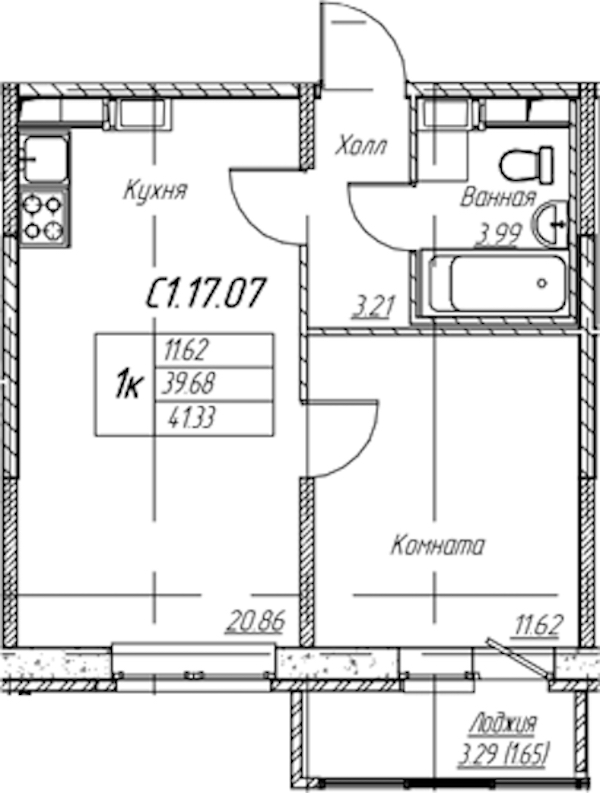 1-комнатная квартира 41.33 м², 17/22 эт., ЖК «Парк-квартал Юнтолово»